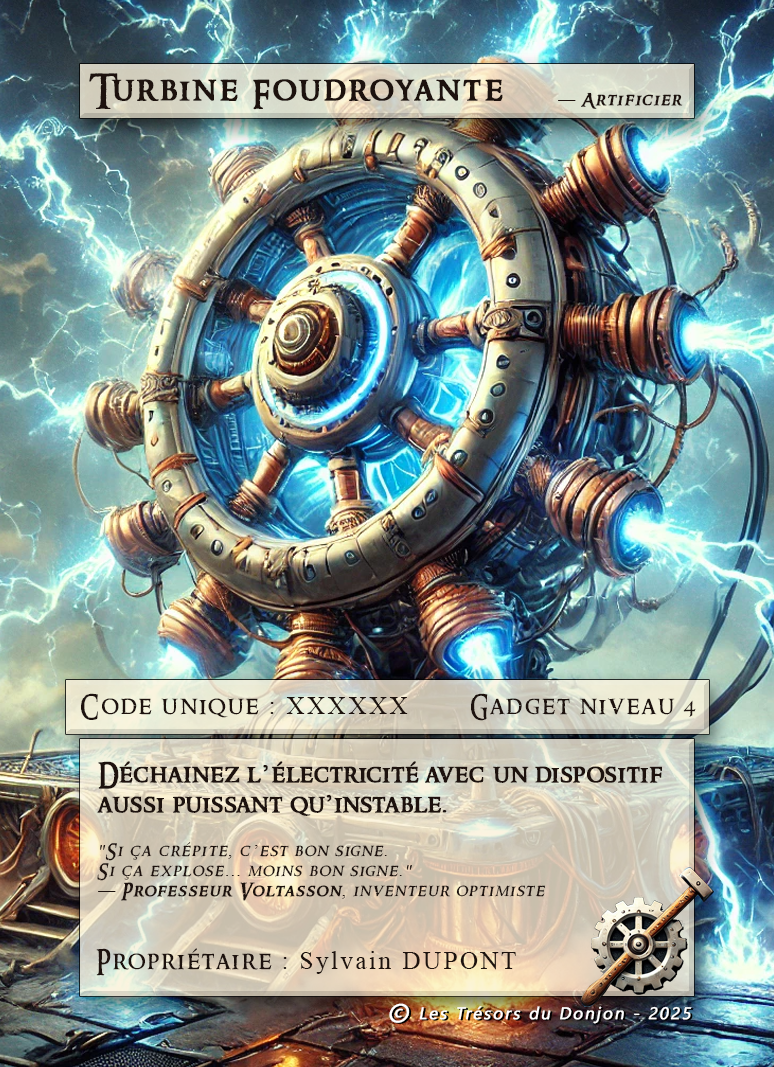 Carte de Gadget Niveau 4 : Turbine Foudroyante – Déchaînez l’électricité avec un dispositif aussi puissant qu’instable.