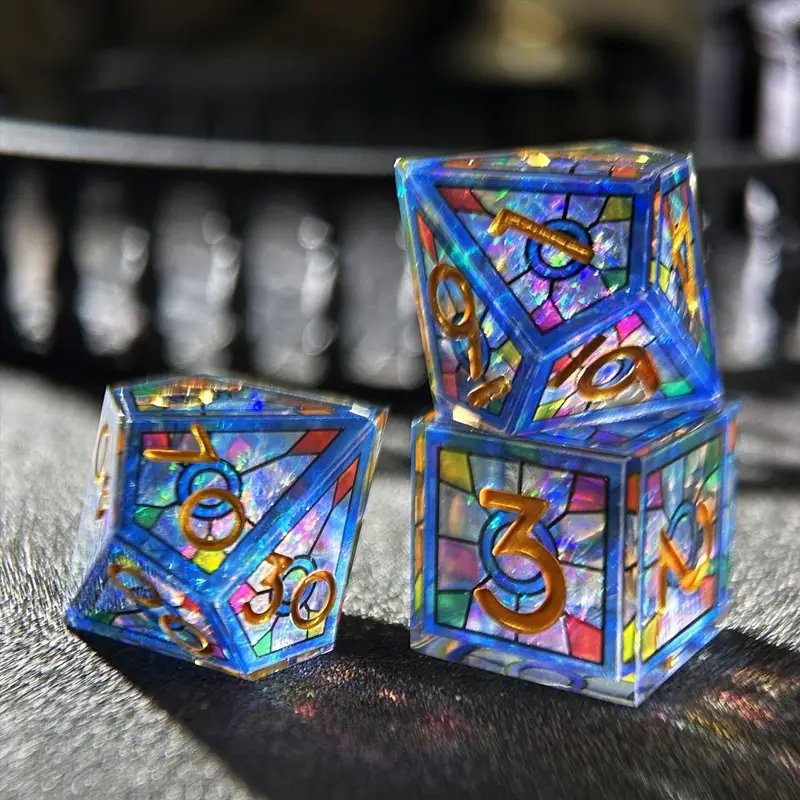 Set de 7 dés "Vitraux d’Aether" – Résine artisanale gravée à la main