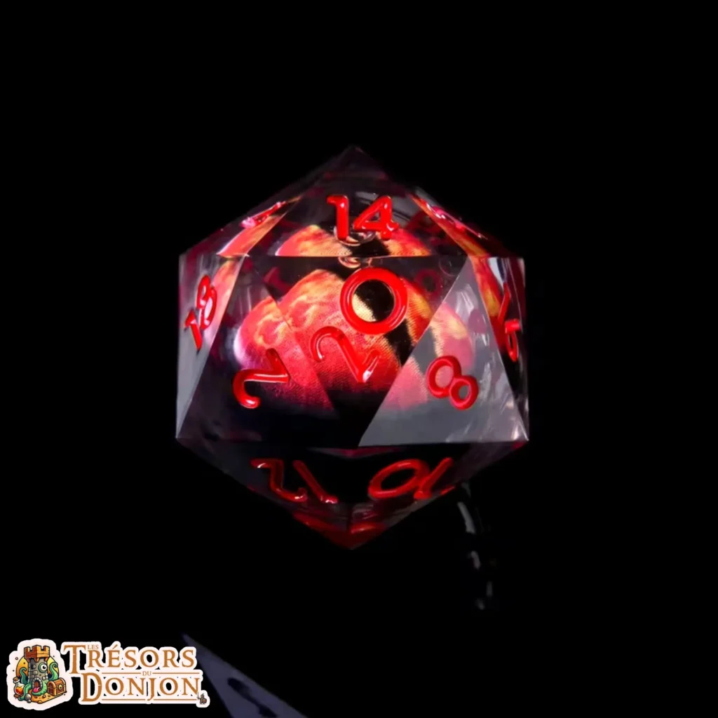Un D20 en résine artisanal renfermant un cœur liquide démoniaque