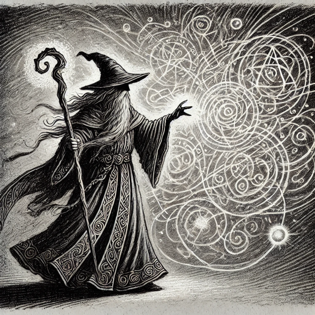 DALL·E 2024-11-18 12.24.15 - A detailed black-and-white illustration in a charcoal drawing style, depicting a wizard casting a spell. The wizard is adorned in flowing robes, with Compteurs de points — Tracker universel JDR, wargame & jeux de cartes