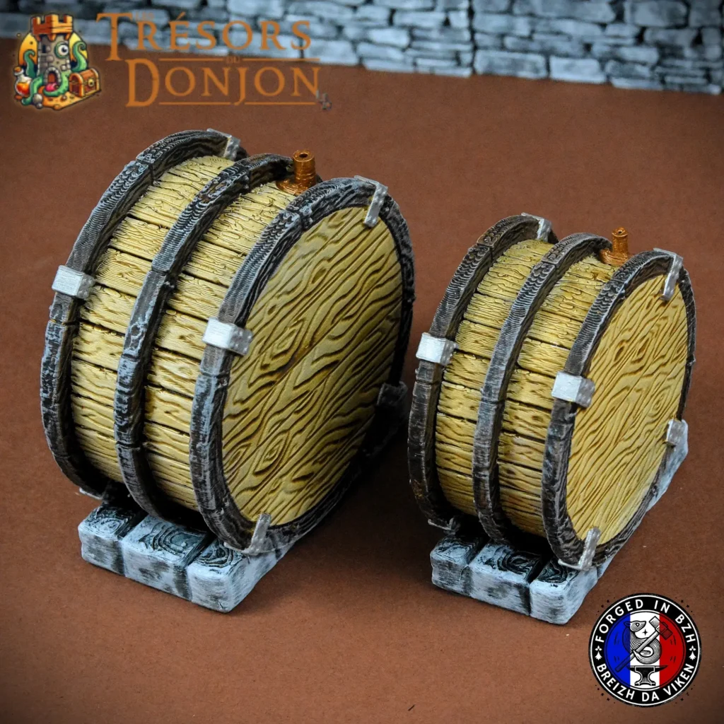 Cuves et tonneaux pour jeu de rôle – décor 3D artisanal