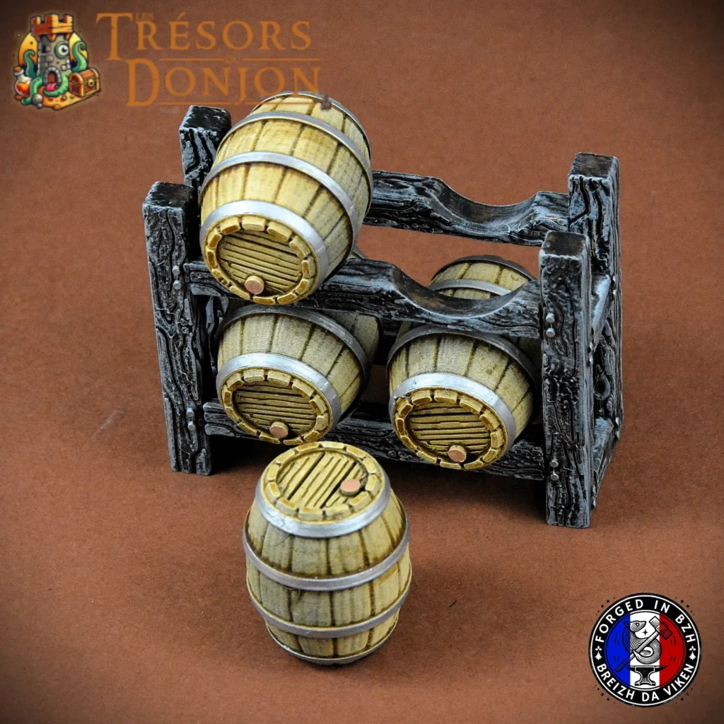 Cuves et tonneaux pour jeu de rôle – décor 3D artisanal