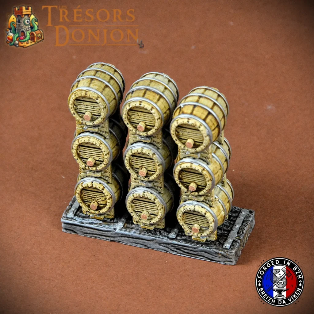 Cuves et tonneaux pour jeu de rôle – décor 3D artisanal