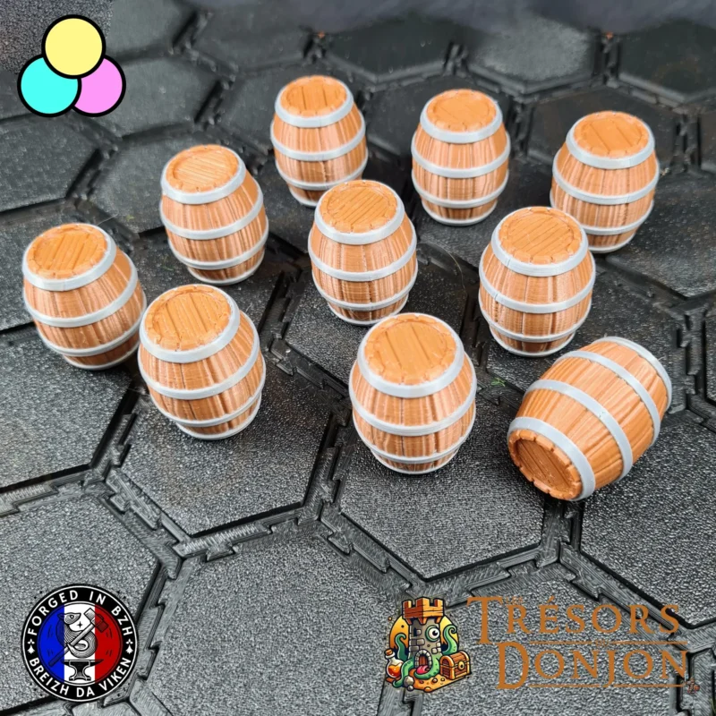 Lot de 10 Tonneaux Multicolores – Décors JDR pré-colorés