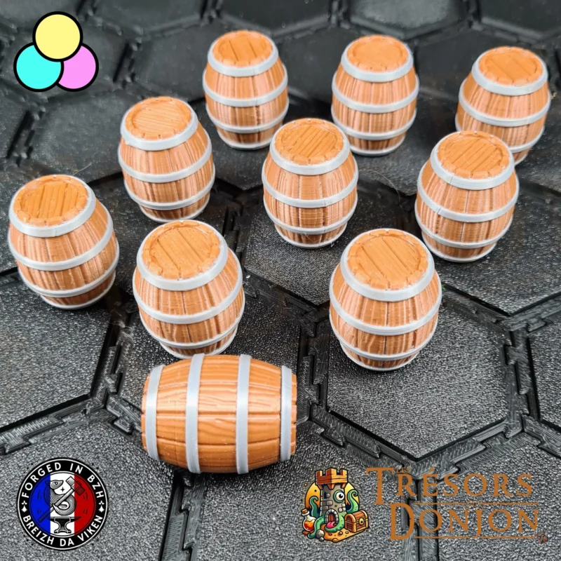 Lot de 10 Tonneaux Multicolores – Décors JDR pré-colorés