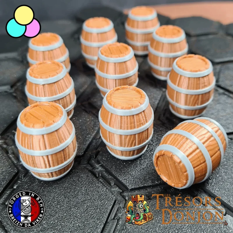 Lot de 10 Tonneaux Multicolores – Décors JDR pré-colorés