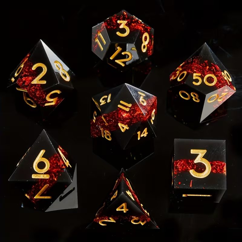 astralite de sang Set de dés JDR en résine artisanale Astralité de Sang, résine noire, éclats rouges et chiffres dorés