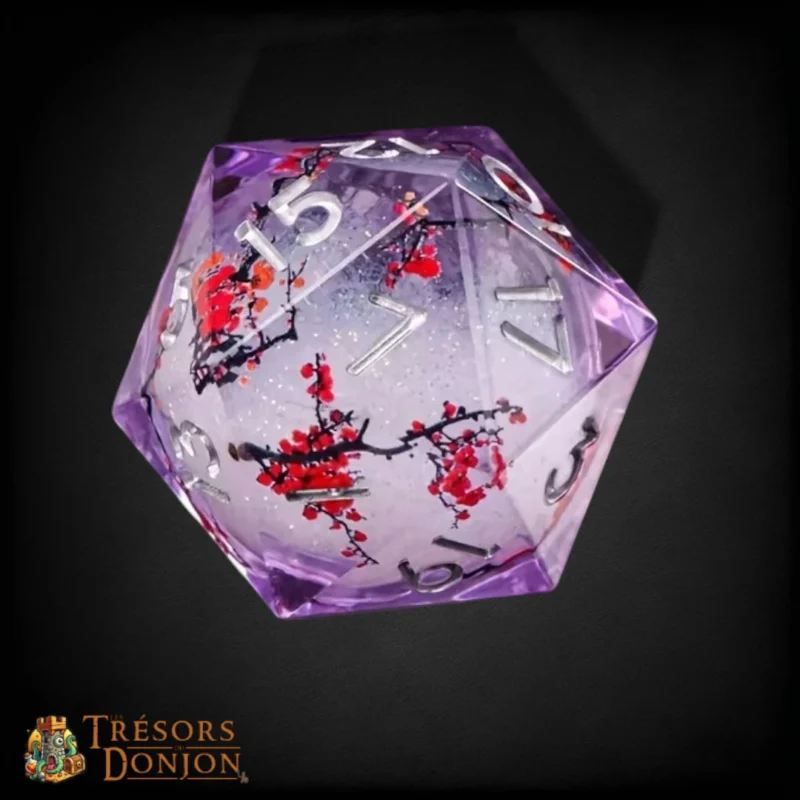 Set de dés JDR en résine à cœur liquide, pétales rouges façon sakura. Le Cœur de Sakura : un artefact vivant pour joueurs et MJ. Stock contrôlé en Bretagne.