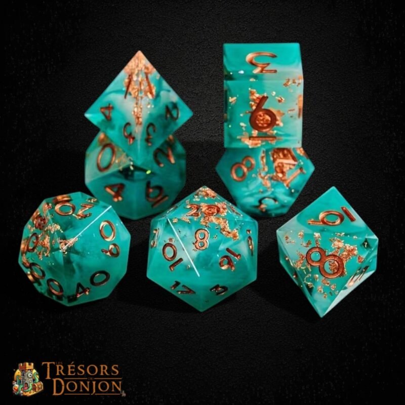 Set de Dés JDR Le Trésor Englouti – Dés Résine Turquoise | Les Trésors du Donjon