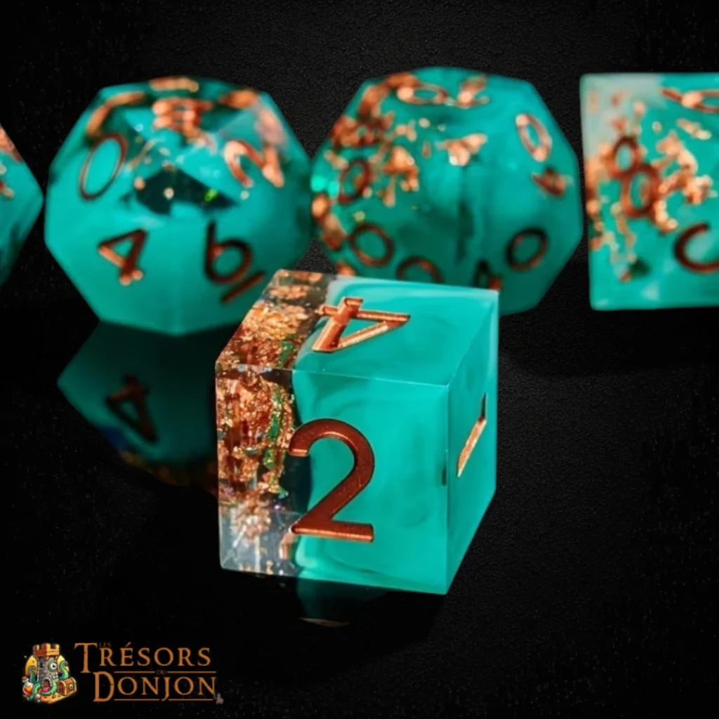 Set de Dés JDR Le Trésor Englouti – Dés Résine Turquoise | Les Trésors du Donjon