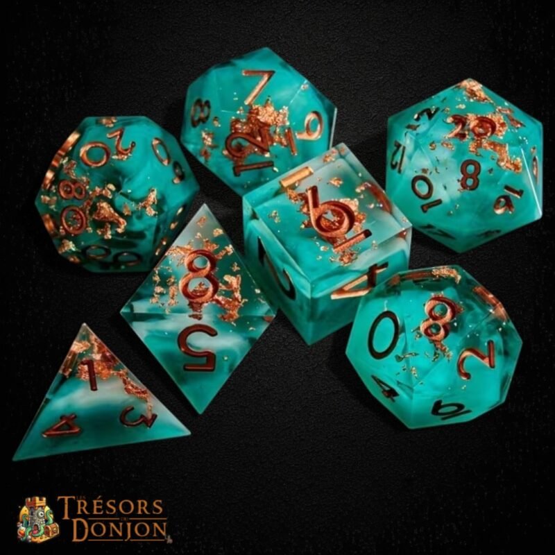 Set de Dés JDR Le Trésor Englouti – Dés Résine Turquoise | Les Trésors du Donjon