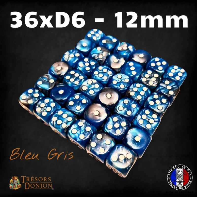 36d6-12mm-bleu-gris Lot de 36 dés D6 12mm marbrés – Dés acrylique pour Wargames & JDR