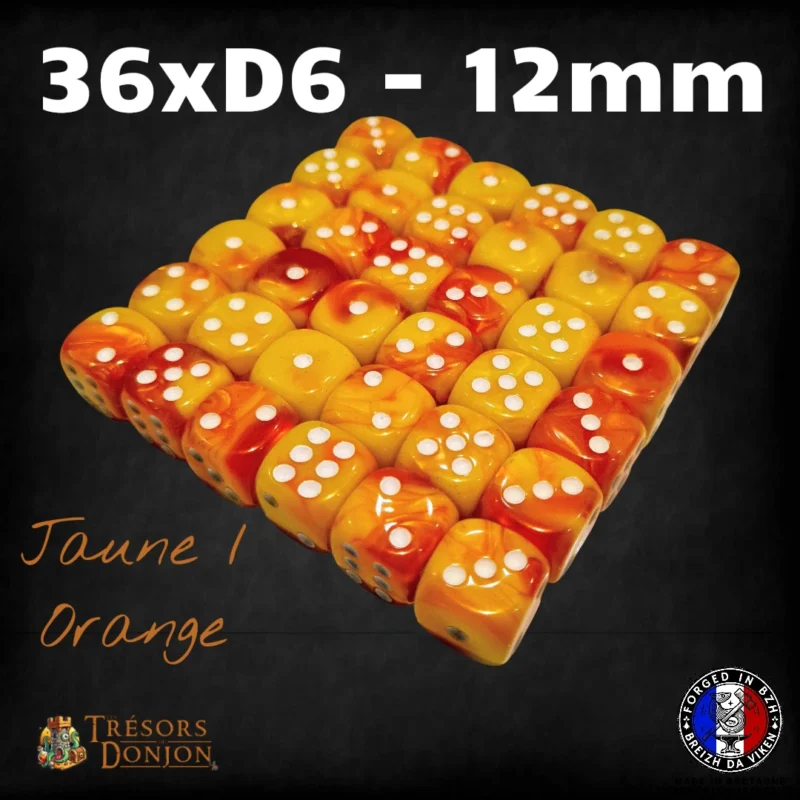 36d6-12mm-jaune-orange Lot de 36 dés D6 12mm marbrés – Dés acrylique pour Wargames & JDR