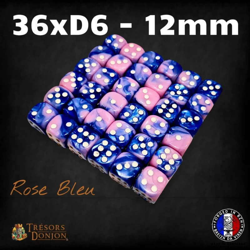 36d6-12mm-rose-bleu Lot de 36 dés D6 12mm marbrés – Dés acrylique pour Wargames & JDR