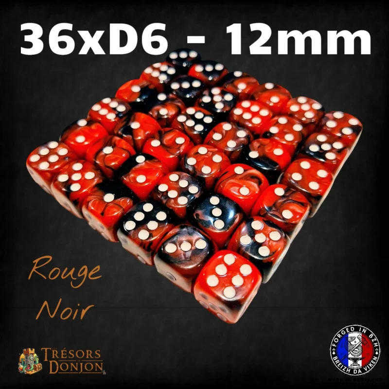 36d6-12mm-rouge-noir Lot de 36 dés D6 12mm marbrés – Dés acrylique pour Wargames & JDR