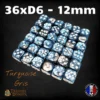 36d6-12mm-turquoise-gris Lot de 36 dés D6 12mm marbrés – Dés acrylique pour Wargames & JDR
