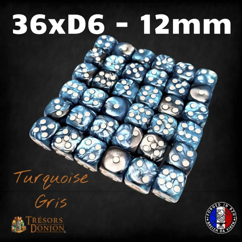 36d6-12mm-turquoise-gris Lot de 36 dés D6 12mm marbrés – Dés acrylique pour Wargames & JDR