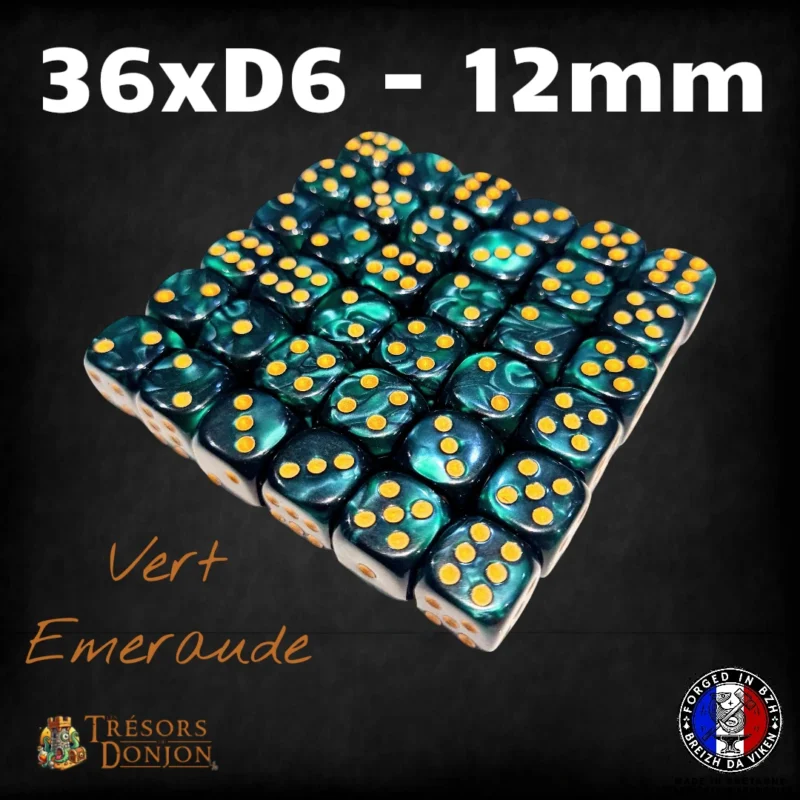 36d6-12mm-vert-emeraude Lot de 36 dés D6 12mm marbrés – Dés acrylique pour Wargames & JDR
