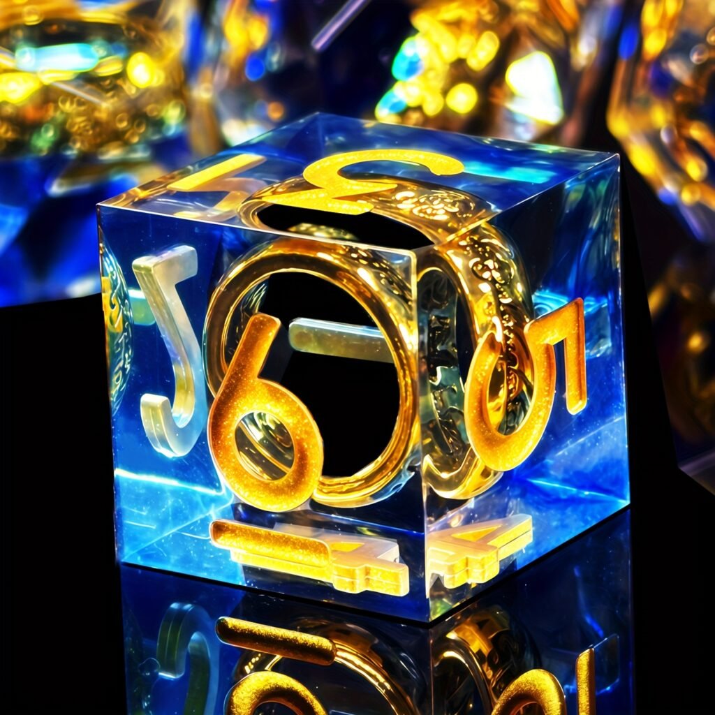 Set de dés JDR en résine inspiré du Seigneur des Anneaux avec anneau doré central. Dés fantasy éblouissants, puissants et immersifs.