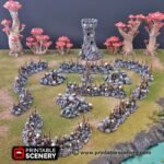 Barricades gobelines en décor JDR imprimé 3D. Parfait pour embuscades, camps sauvages et combats tactiques sur table de jeu.