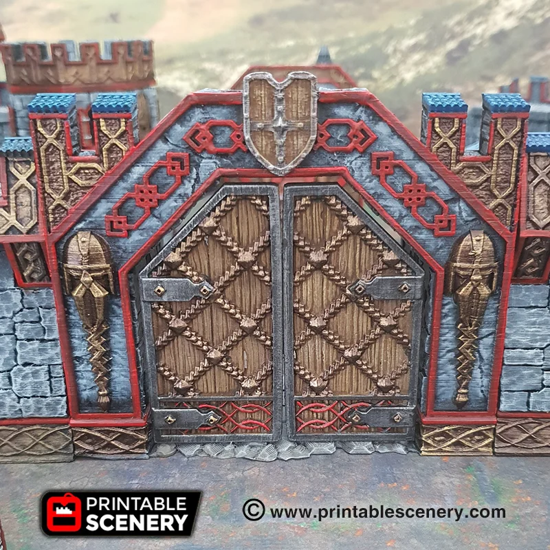Ironhelm-Forge-Gate_1 Portail nain monumental Ironhelm : double porte fortifiée, arche en pierre, runes. Décor imprimé en PLA+ en Bretagne. Idéal JDR, wargame, donjon, forteresse.