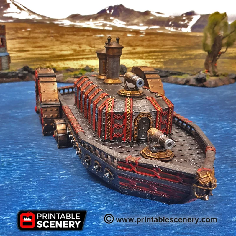 Steam-Ironclad_1 Forteresse flottante naine Ironclad en décor 3D : bateau blindé, roues à aubes, canons & détails nains. Parfait JDR / wargame. Fabriqué en France.