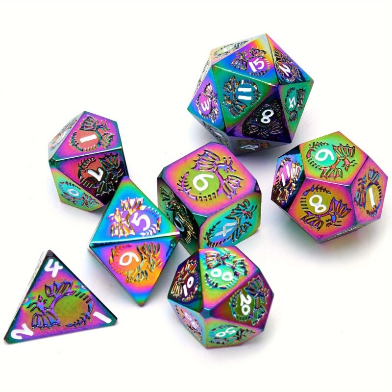 Set de dés JDR en métal – L’Ascension des Dragons Prismatiques