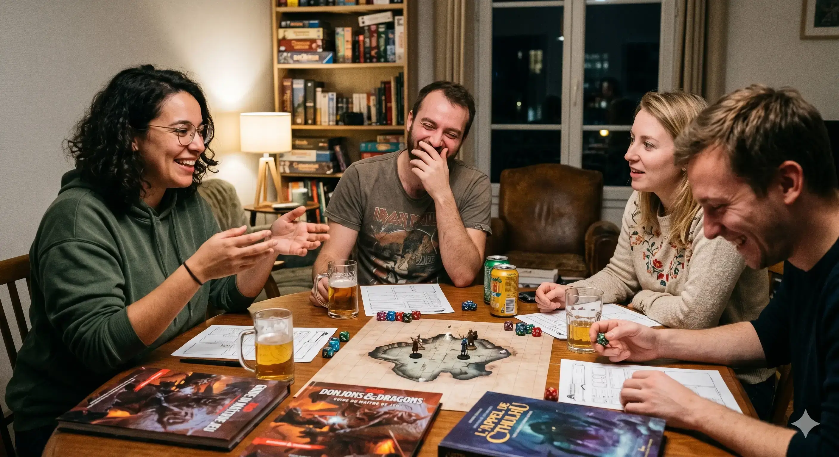 Choisir ses dés de jdr - Groupe d'amis souriants jouant à un jeu de rôle médiéval fantastique autour d'une table avec dés et figurines.
