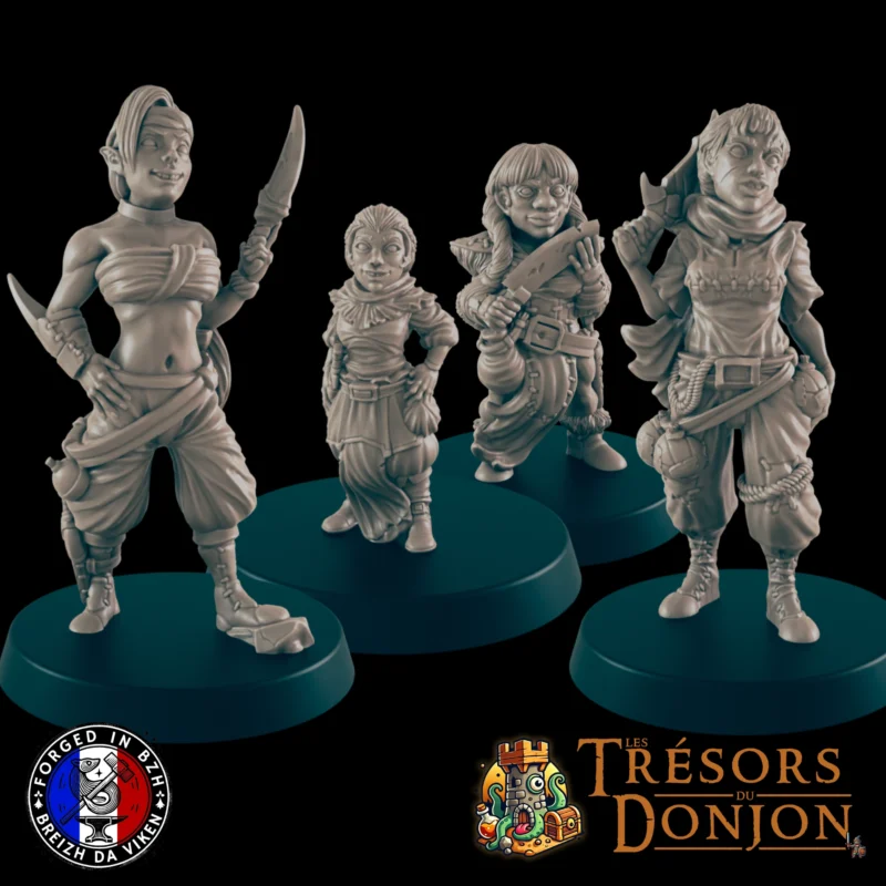 Set Kiss of Death : 4 figurines d’assassines fantasy (humaine, elfe, naine, halfeline) en résine 14K HDR, imprimées aux Trésors du Donjon. 28 ou 32 mm.
