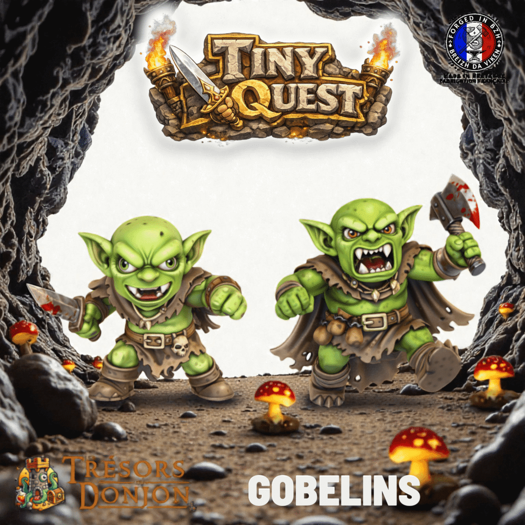 Figurines Gobelins TinyQuest compatibles HeroQuest et plateaux 3D. Socle 30 mm, faciles à peindre, idéales pour combats dynamiques.