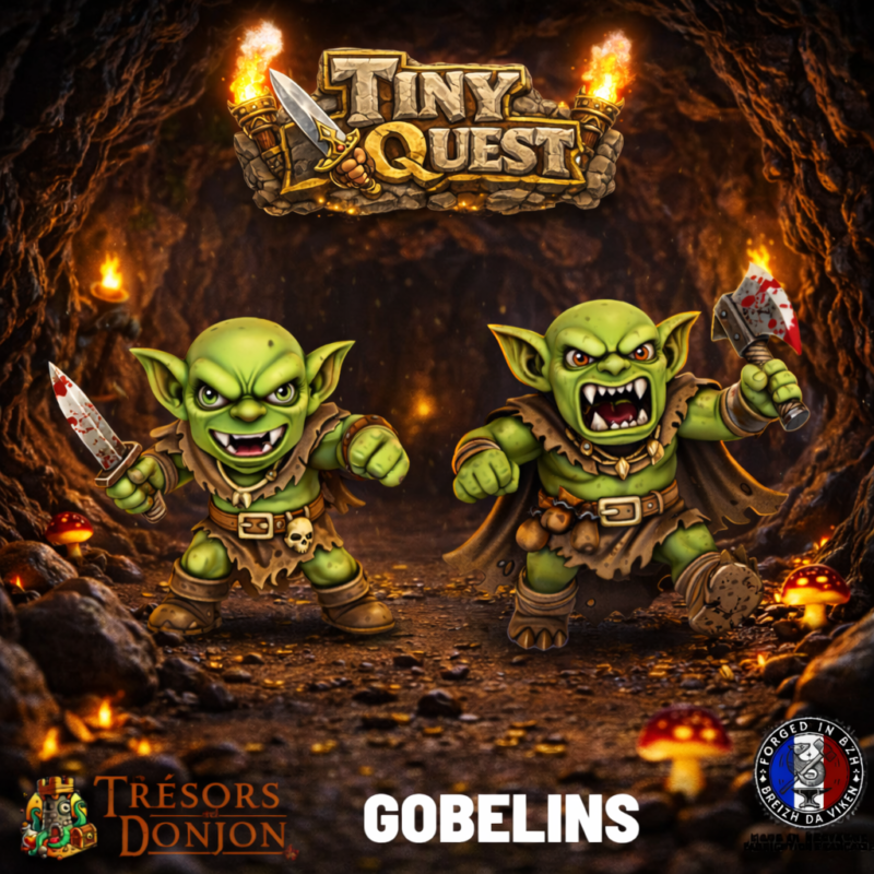 Figurines Gobelins TinyQuest compatibles HeroQuest et plateaux 3D. Socle 30 mm, faciles à peindre, idéales pour combats dynamiques.