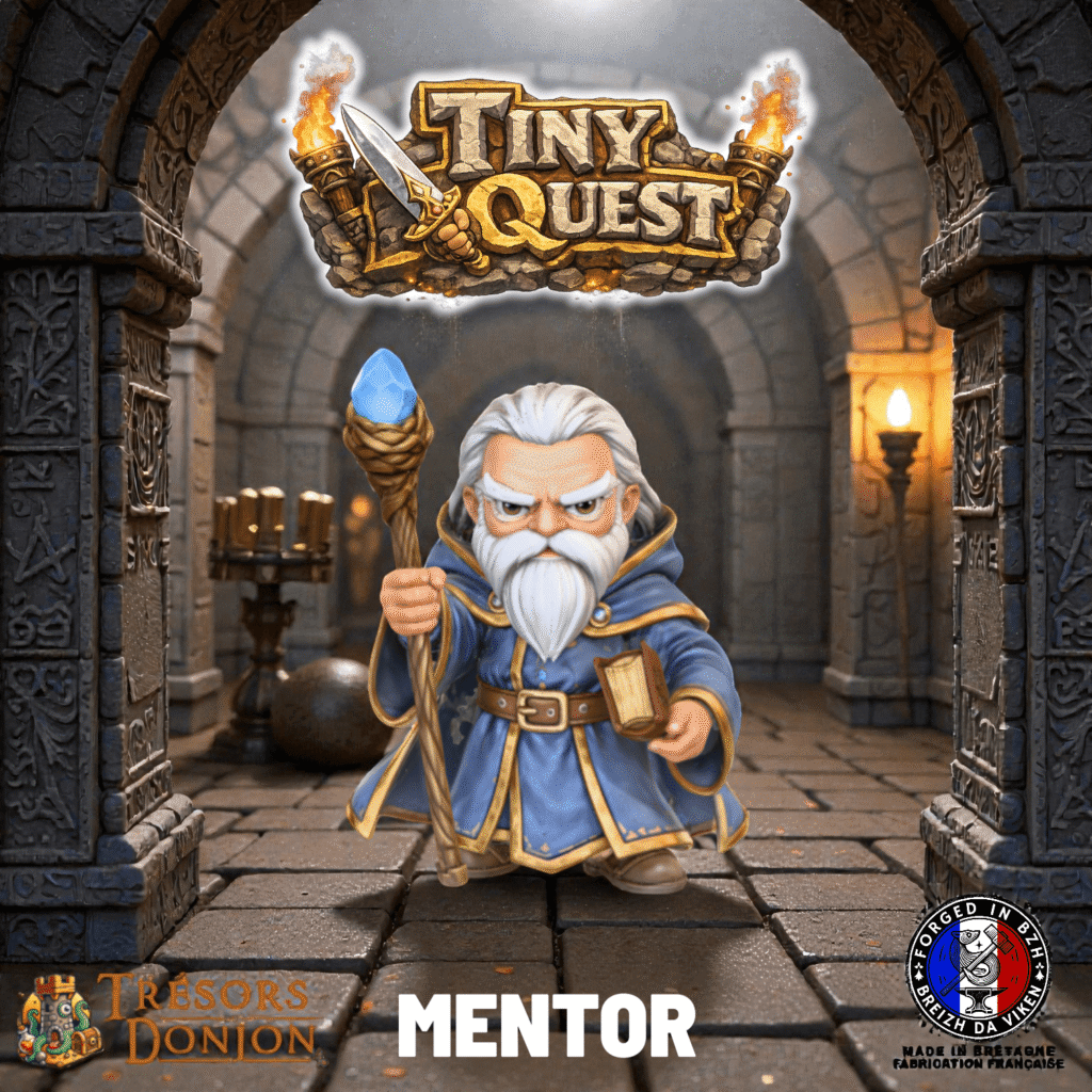 Figurine Mentor tiny compatible HeroQuest et plateaux 3D. Socle 30 mm, facile à peindre, idéale pour scénarios et immersion.