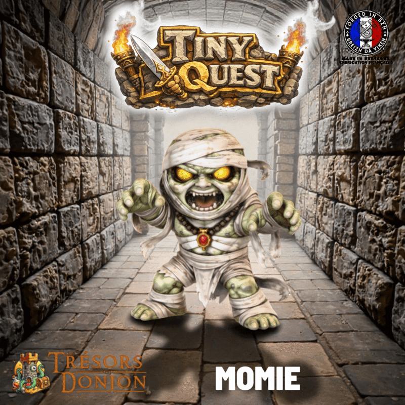 Figurine Momie TinyQuest compatible HeroQuest et plateaux 3D. Socle 30 mm, facile à peindre, idéale pour ambiance et tension.