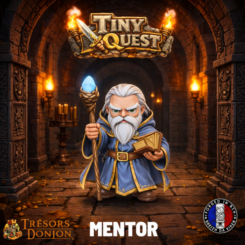 Figurine Mentor tiny compatible HeroQuest et plateaux 3D. Socle 30 mm, facile à peindre, idéale pour scénarios et immersion.