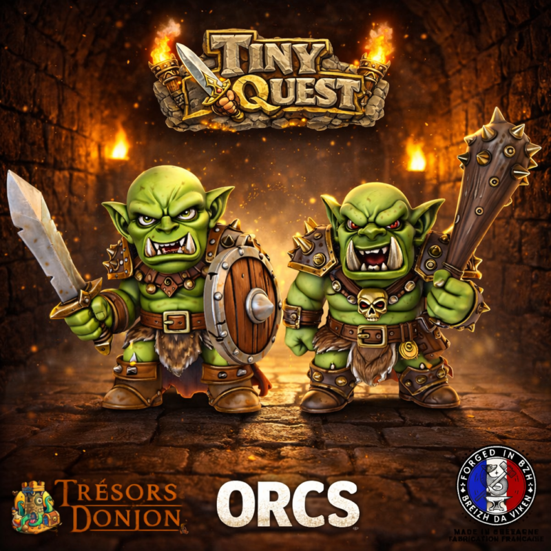 Figurines Orcs TinyQuest compatibles HeroQuest et plateaux 3D. Socle 30 mm, faciles à peindre, idéales pour combats et défense.