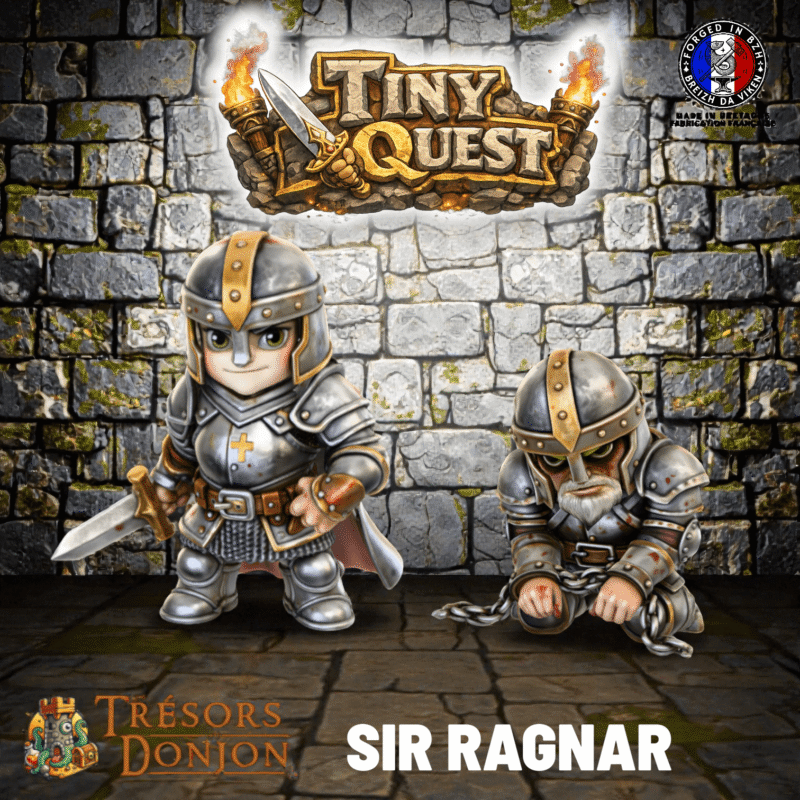 Figurines Sir Ragnar TinyQuest compatibles HeroQuest et plateaux 3D. Versions libre et prisonnier, socle 30 mm, faciles à peindre.