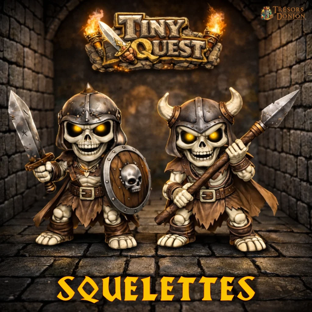 Squelettes-figurine-heroquest Figurines Squelettes TinyQuest compatibles HeroQuest et plateaux 3D. Socle 30 mm, faciles à peindre, idéales pour ambiance et combats.