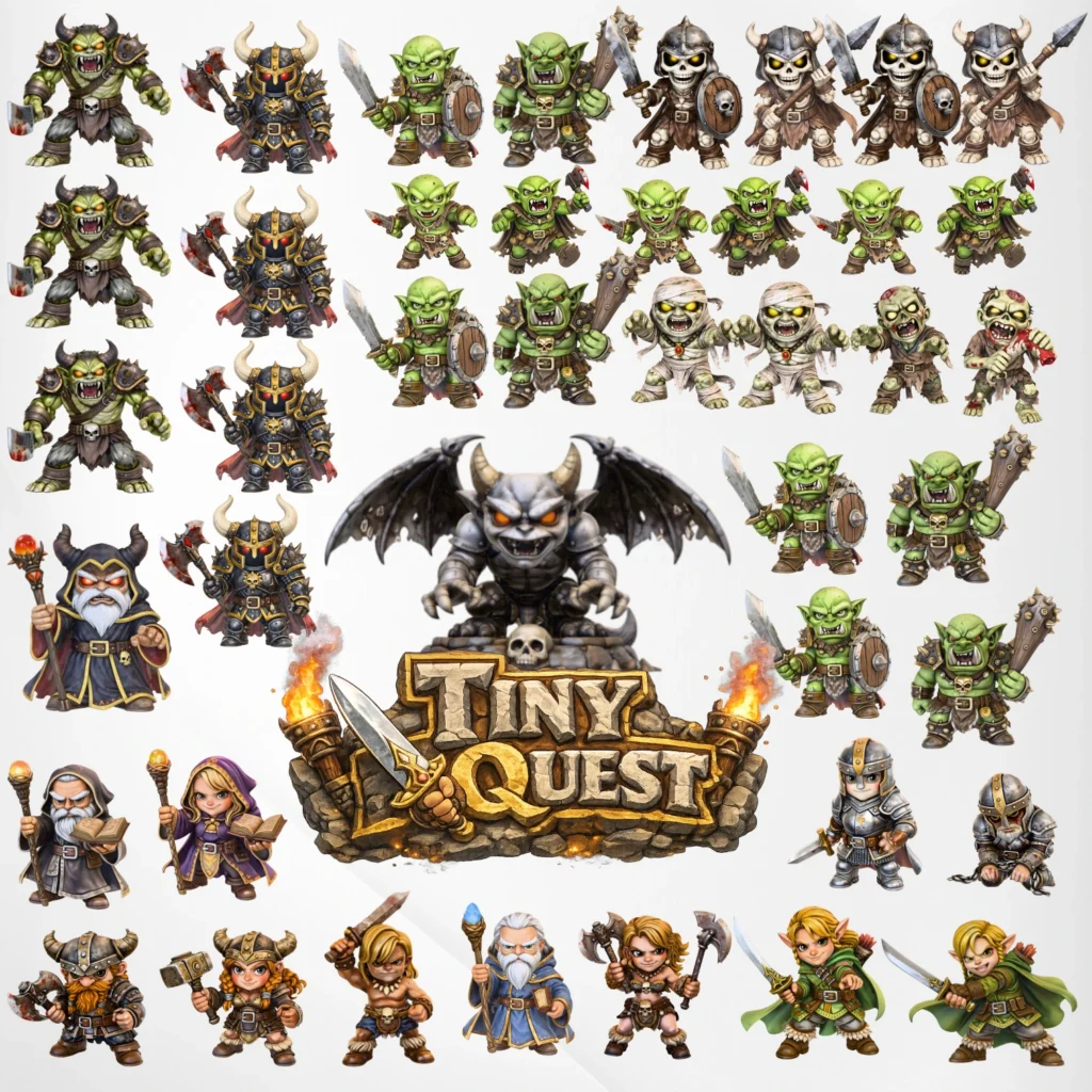 Pack Ultime 42 figurines TinyQuest compatibles HeroQuest et plateau 3D. Collection complète, socle 30 mm, immersion totale.
