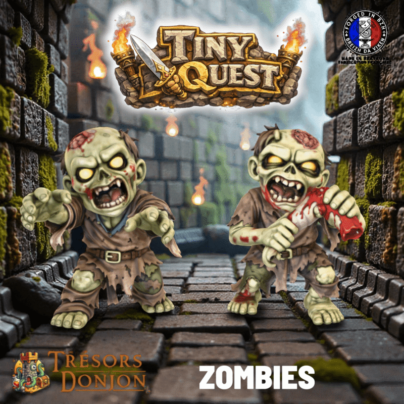 Figurines Zombies TinyQuest compatibles HeroQuest, idéales pour plateaux imprimés en 3D. Socle 30 mm, faciles à peindre, parfaites pour pression et ambiance sombre.