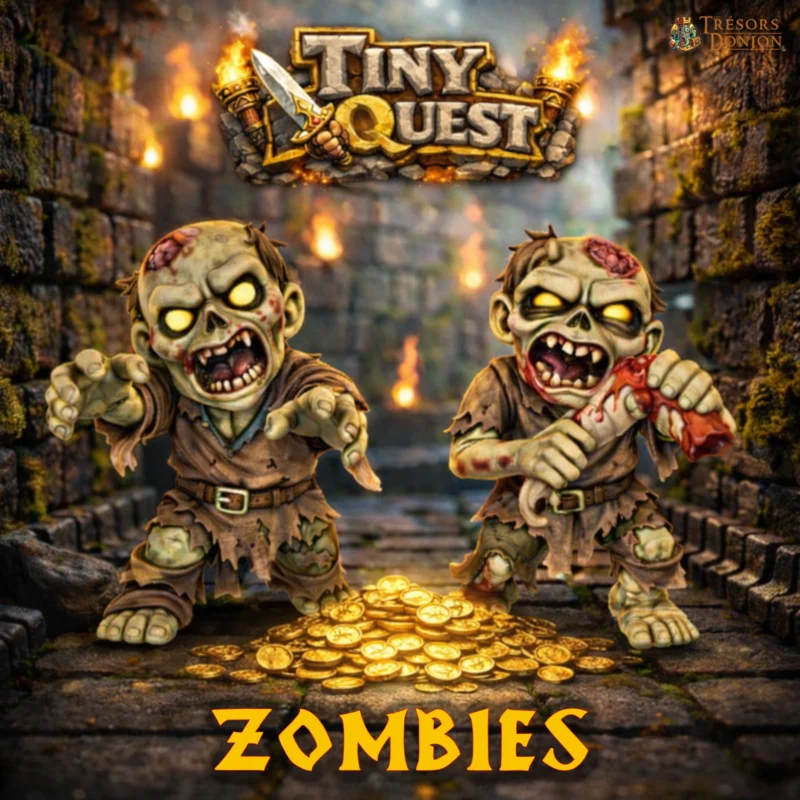Figurines Zombies TinyQuest compatibles HeroQuest, idéales pour plateaux imprimés en 3D. Socle 30 mm, faciles à peindre, parfaites pour pression et ambiance sombre.