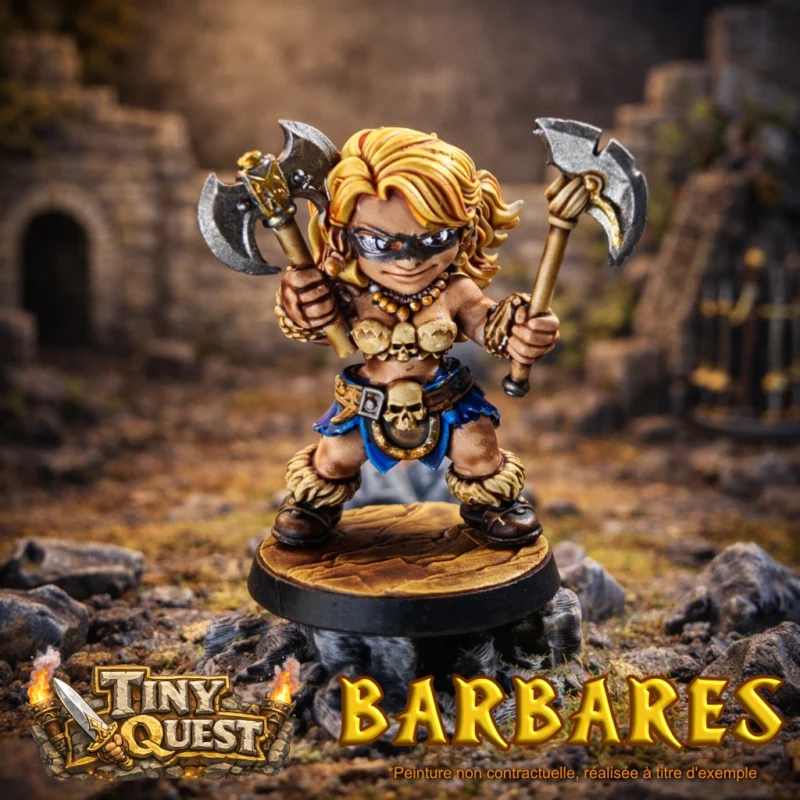 figurine-barbare-femme-tinyquest-haches Figurine de barbare féminine TinyQuest armée de deux haches, style chibi fantasy.