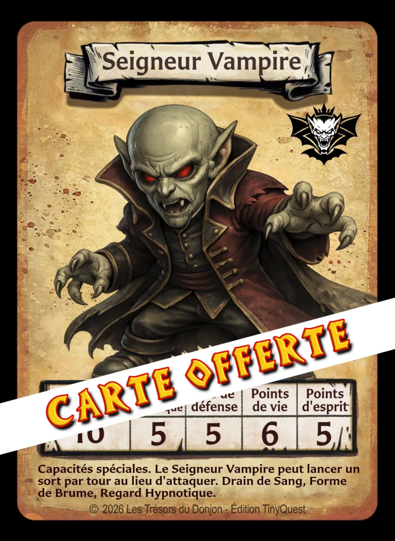 CARTE RECTO SEIGNEUR VAMPIRE-PROM Seigneur Vampire TinyQuest + carte perso + 3 cartes sorts Vampiriques exclusives