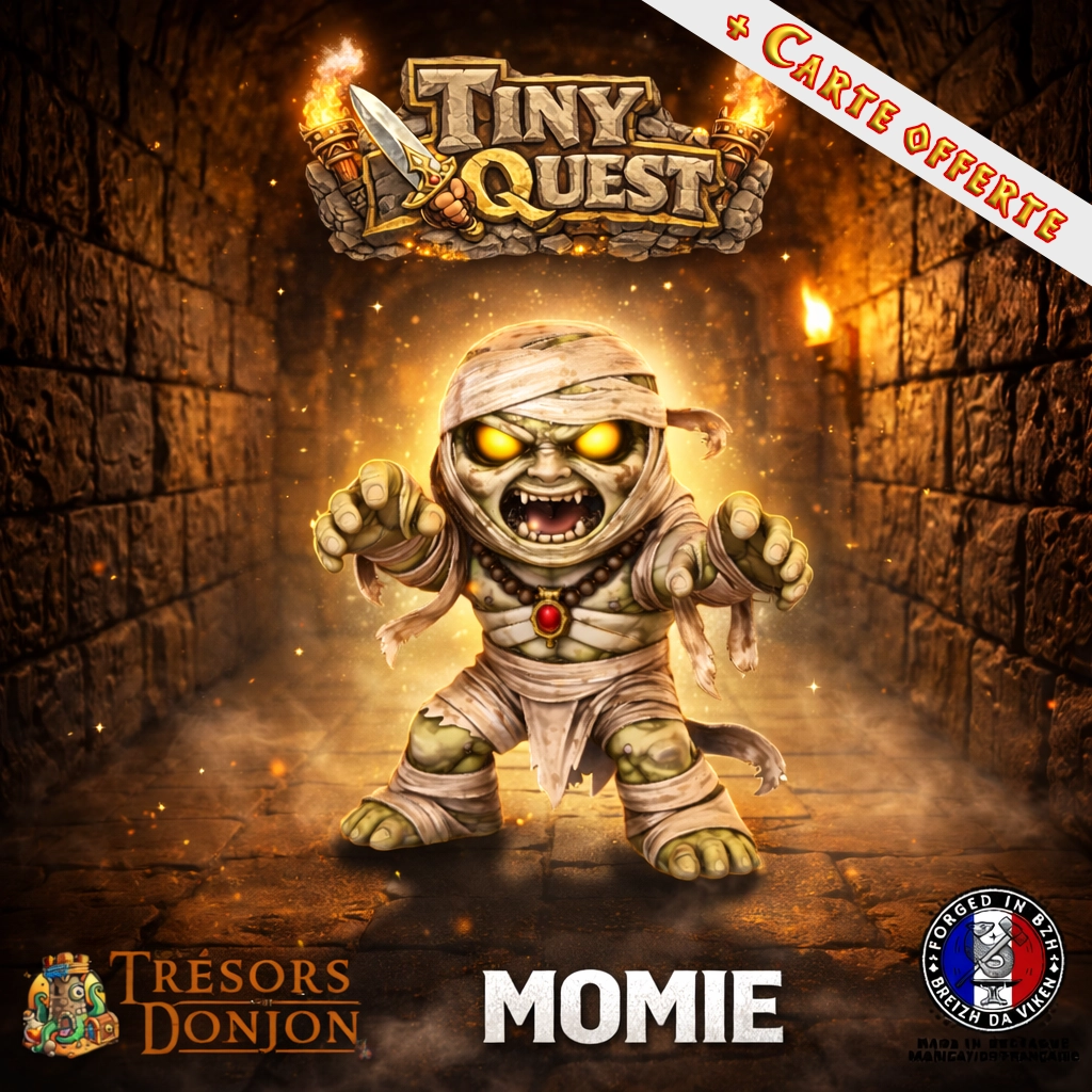 Figurine Momie TinyQuest compatible HeroQuest et plateaux 3D. Socle 25 mm, facile à peindre, idéale pour ambiance et tension.
