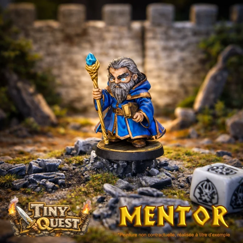 Figurine Mentor tiny compatible HeroQuest et plateaux 3D. Socle 30 mm, facile à peindre, idéale pour scénarios et immersion.
