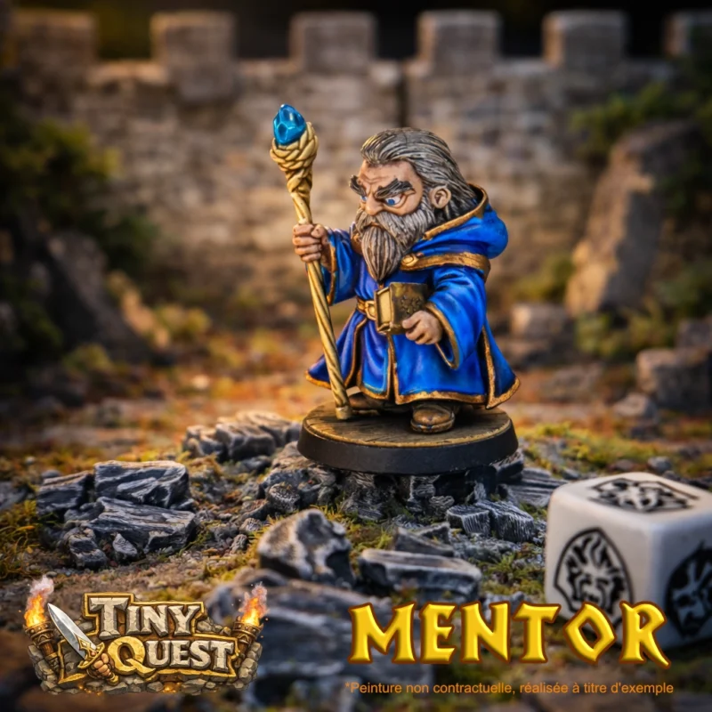 Figurine de Mentor avec bâton et sortilège, style TinyQuest compatible avec les plateaux HeroQuest.