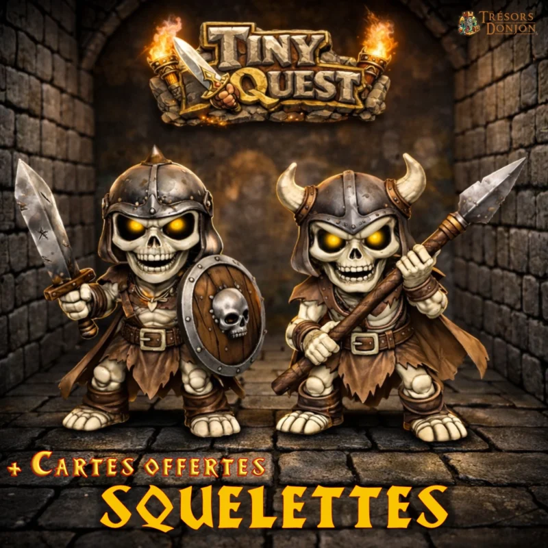 Figurines Squelettes TinyQuest compatibles HeroQuest et plateaux 3D. Socle 25 mm, faciles à peindre, idéales pour ambiance et combats.