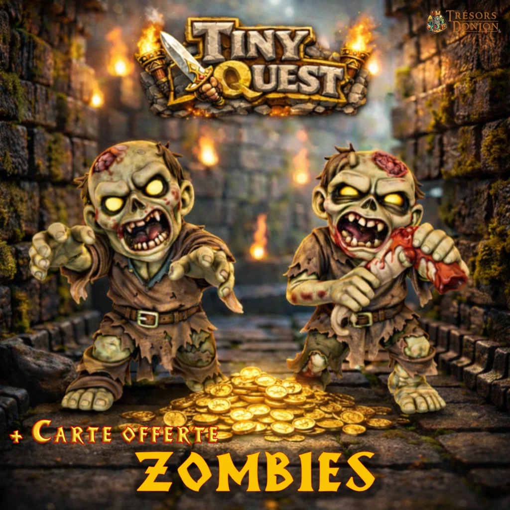 Figurines Zombies TinyQuest compatibles HeroQuest, idéales pour plateaux imprimés en 3D. Socle 25 mm, faciles à peindre, parfaites pour pression et ambiance sombre.