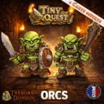 Figurines Orcs TinyQuest compatibles HeroQuest et plateaux 3D. Socle 25 mm, faciles à peindre, idéales pour combats et défense.