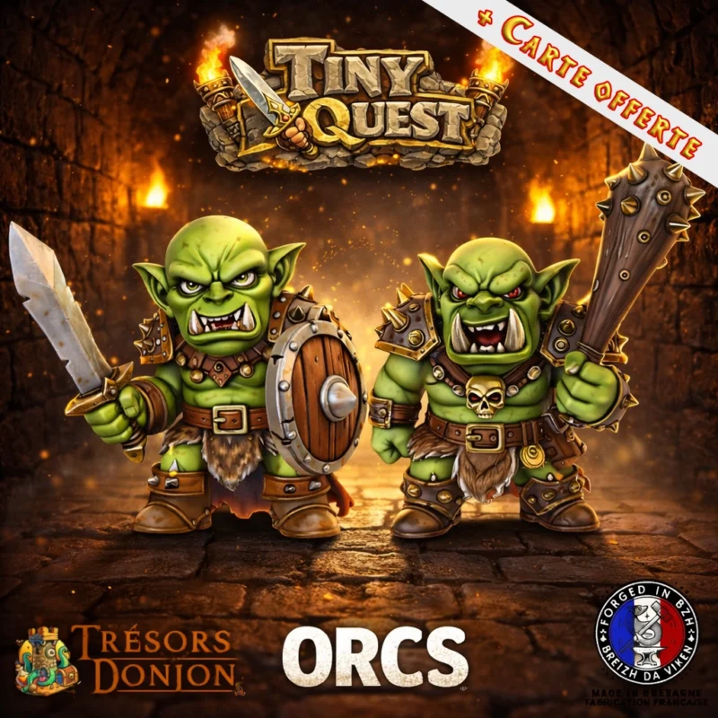Figurines Orcs TinyQuest compatibles HeroQuest et plateaux 3D. Socle 25 mm, faciles à peindre, idéales pour combats et défense.