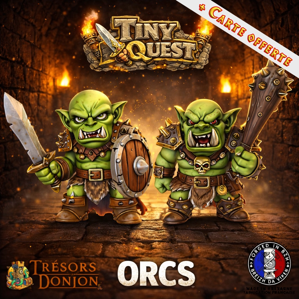 Figurines Orcs TinyQuest compatibles HeroQuest et plateaux 3D. Socle 25 mm, faciles à peindre, idéales pour combats et défense.